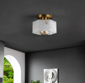 Tessa 8" 1-Light Modern Contemporary Alabaster/Iron Hexagonal LED Semi Flush Mount - JONATHAN Y